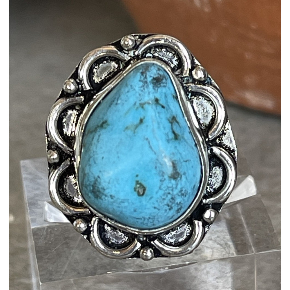 Southwestern Turquoise Ring Sterling Silver 925 Teardrop Statement Ring Size 6